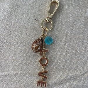 Gold Love Keychain with Hawaiian Cowry Shell and Blue “Sea” Glass Gift for Her